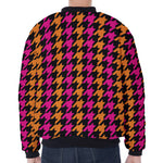 Orange Pink And Black Houndstooth Print Zip Sleeve Bomber Jacket