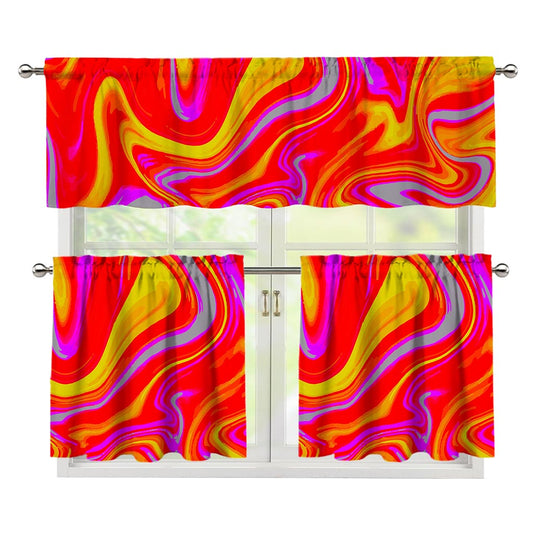 Orange Psychedelic Liquid Trippy Print 3 Piece Kitchen Curtains