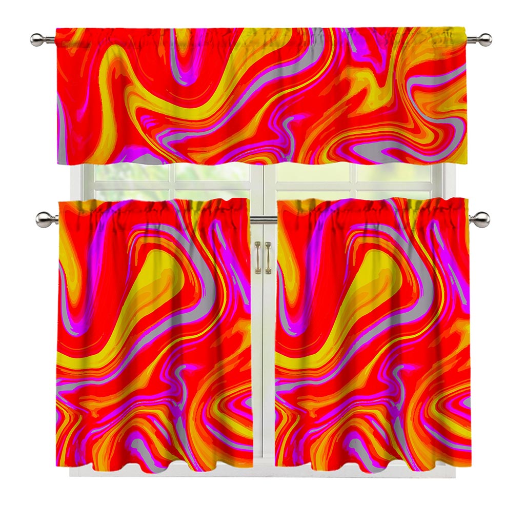 Orange Psychedelic Liquid Trippy Print 3 Piece Kitchen Curtains