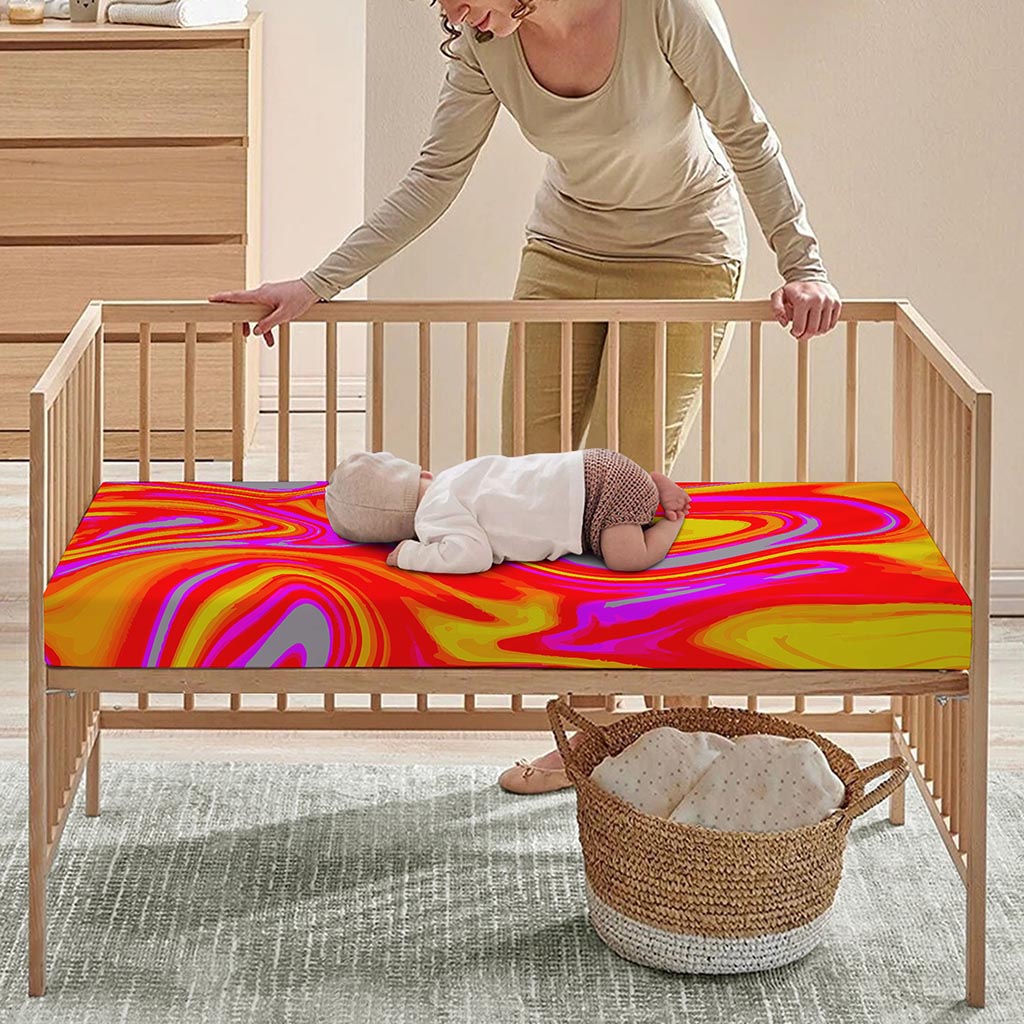Orange Psychedelic Liquid Trippy Print Baby Crib Sheet