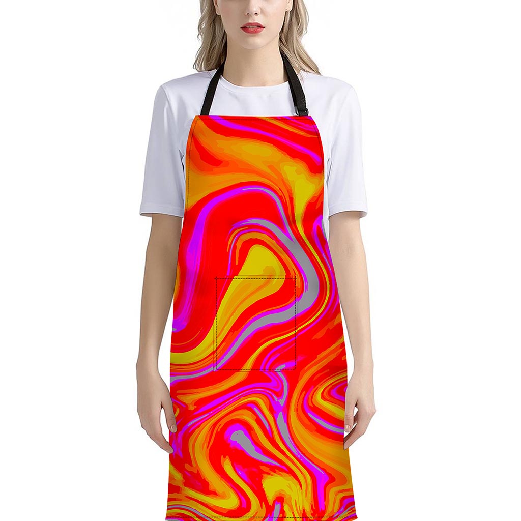 Orange Psychedelic Liquid Trippy Print Bib Apron With Pocket