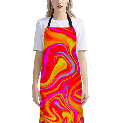 Orange Psychedelic Liquid Trippy Print Bib Apron With Pocket
