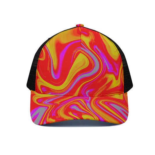 Orange Psychedelic Liquid Trippy Print Black Mesh Trucker Cap