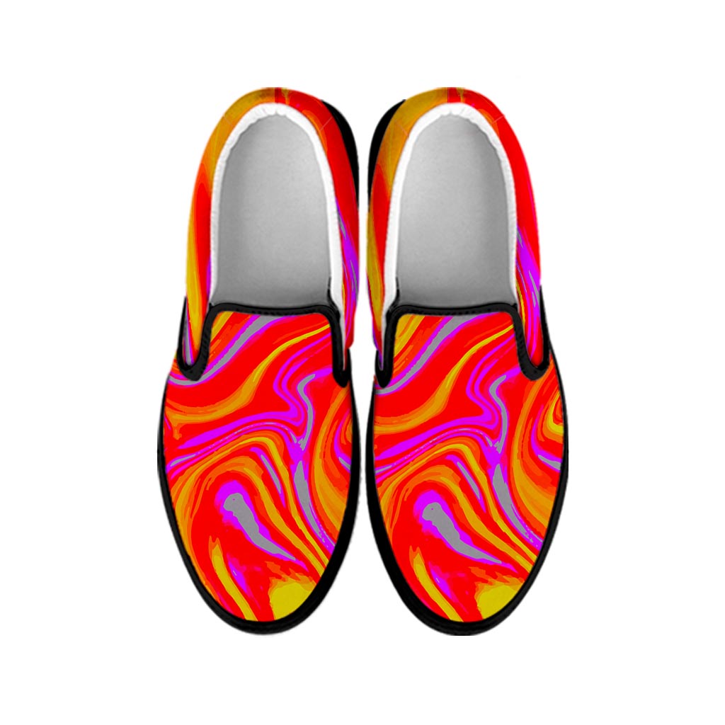 Orange Psychedelic Liquid Trippy Print Black Slip On Sneakers