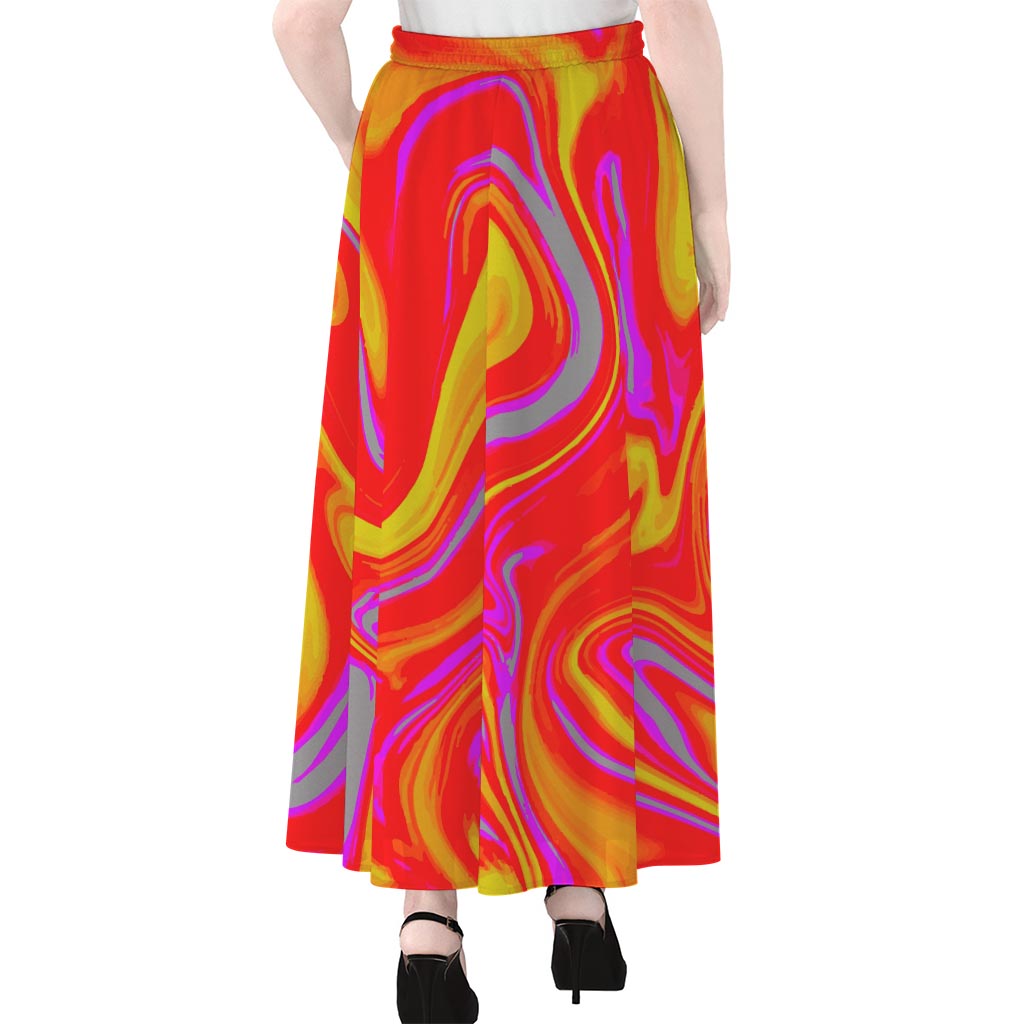 Orange Psychedelic Liquid Trippy Print Chiffon Maxi Skirt