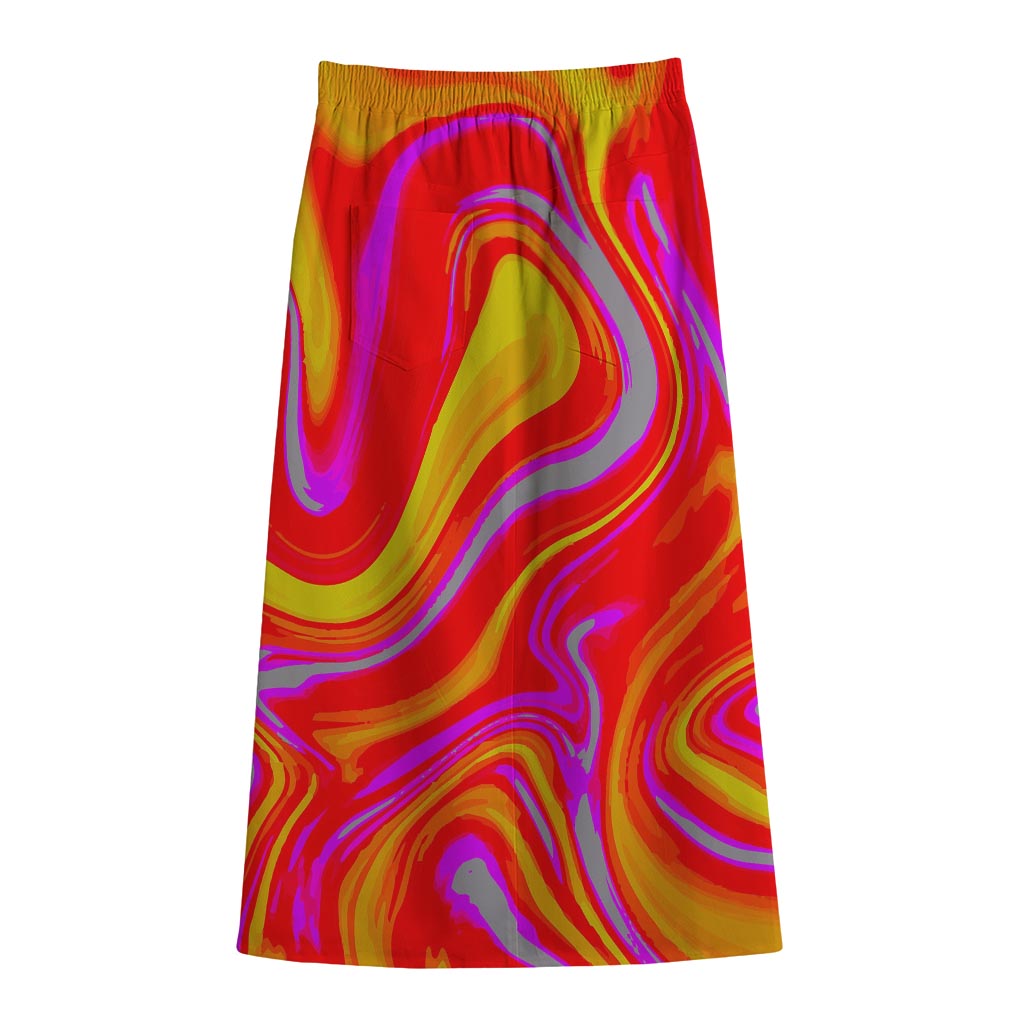 Orange Psychedelic Liquid Trippy Print Cotton Front Slit Maxi Skirt