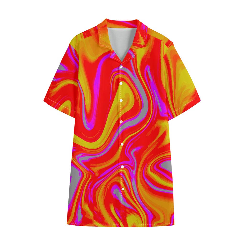 Orange Psychedelic Liquid Trippy Print Cotton Hawaiian Shirt
