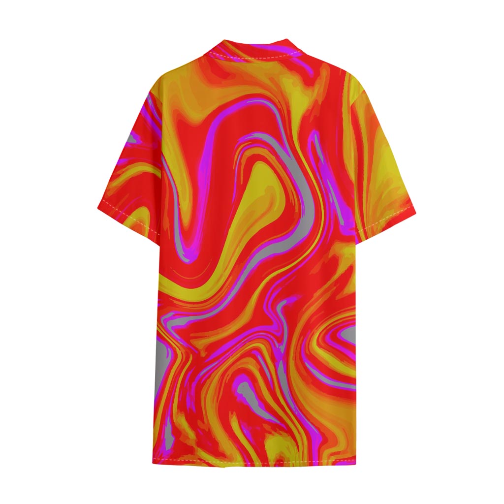 Orange Psychedelic Liquid Trippy Print Cotton Hawaiian Shirt