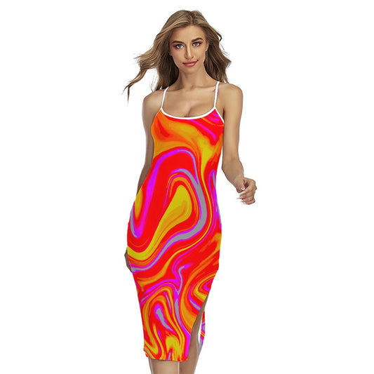 Orange Psychedelic Liquid Trippy Print Cross Back Cami Dress