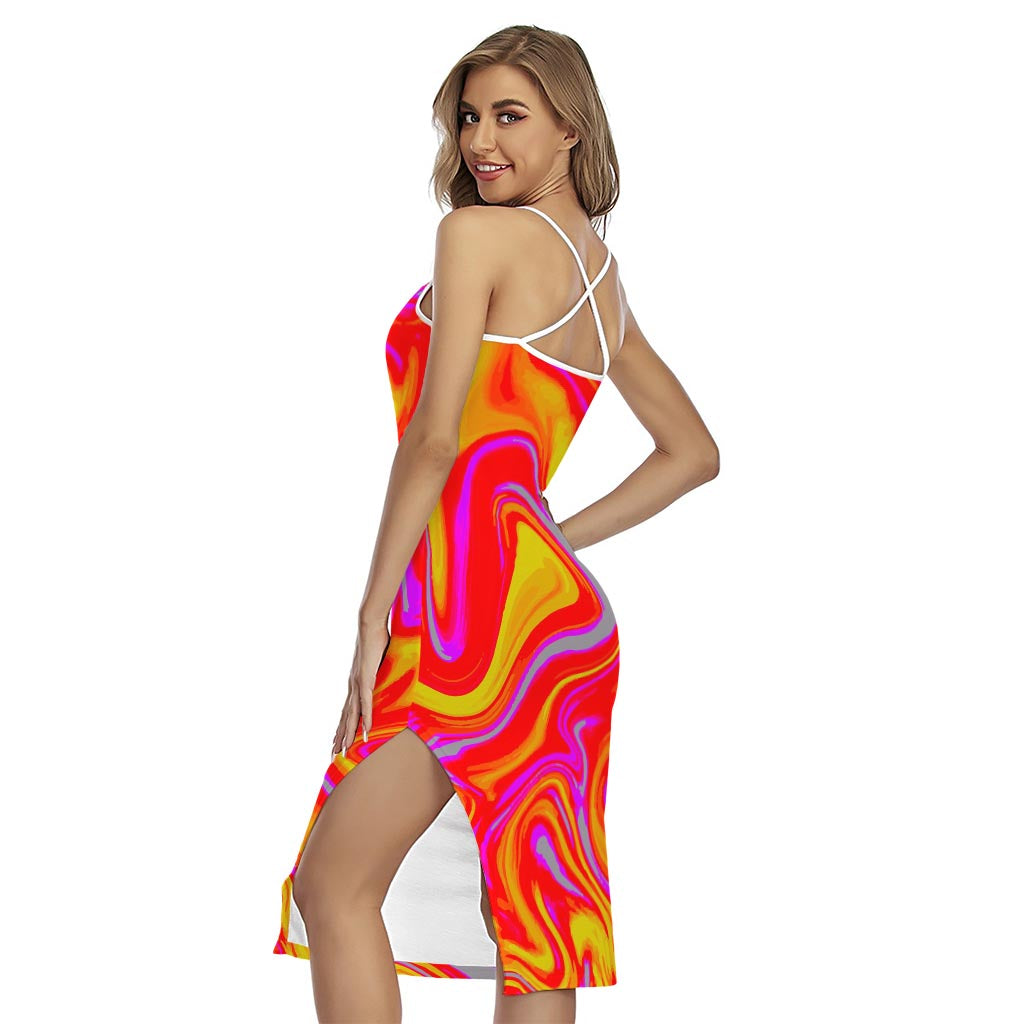 Orange Psychedelic Liquid Trippy Print Cross Back Cami Dress
