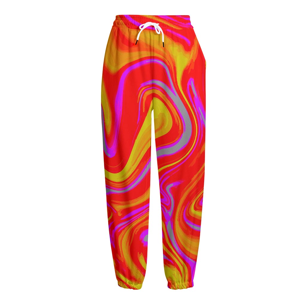 Orange Psychedelic Liquid Trippy Print Fleece Lined Knit Pants