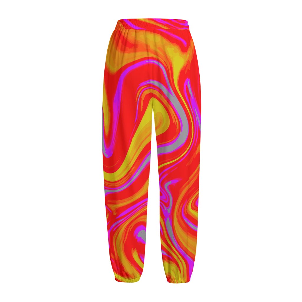 Orange Psychedelic Liquid Trippy Print Fleece Lined Knit Pants