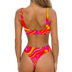 Orange Psychedelic Liquid Trippy Print Front Bow Tie Bikini