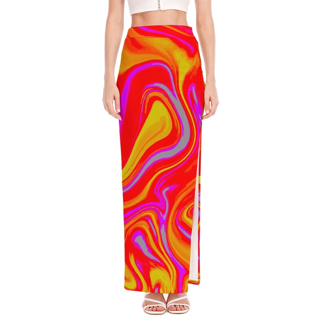 Orange Psychedelic Liquid Trippy Print High Slit Maxi Skirt
