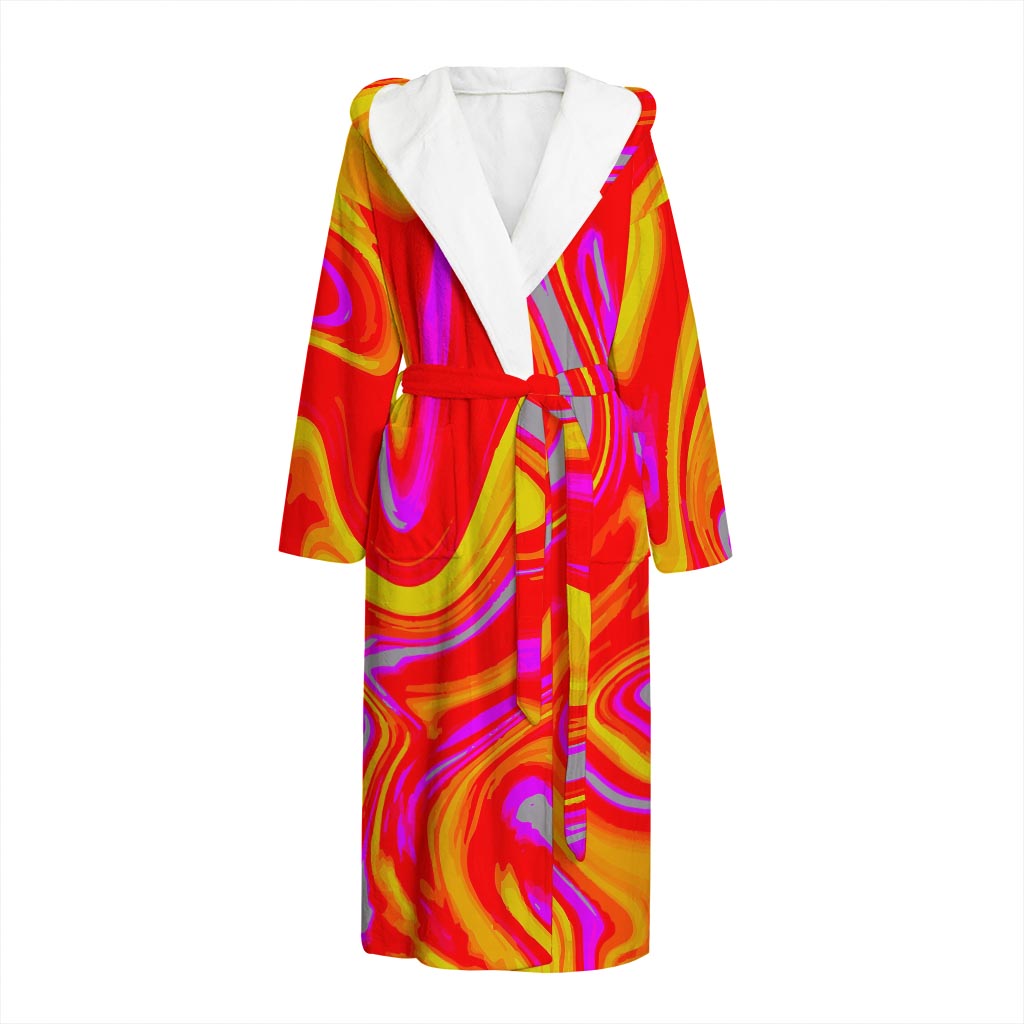 Orange Psychedelic Liquid Trippy Print Hooded Bathrobe