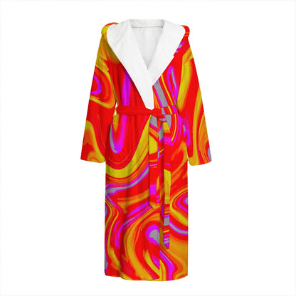 Orange Psychedelic Liquid Trippy Print Hooded Bathrobe