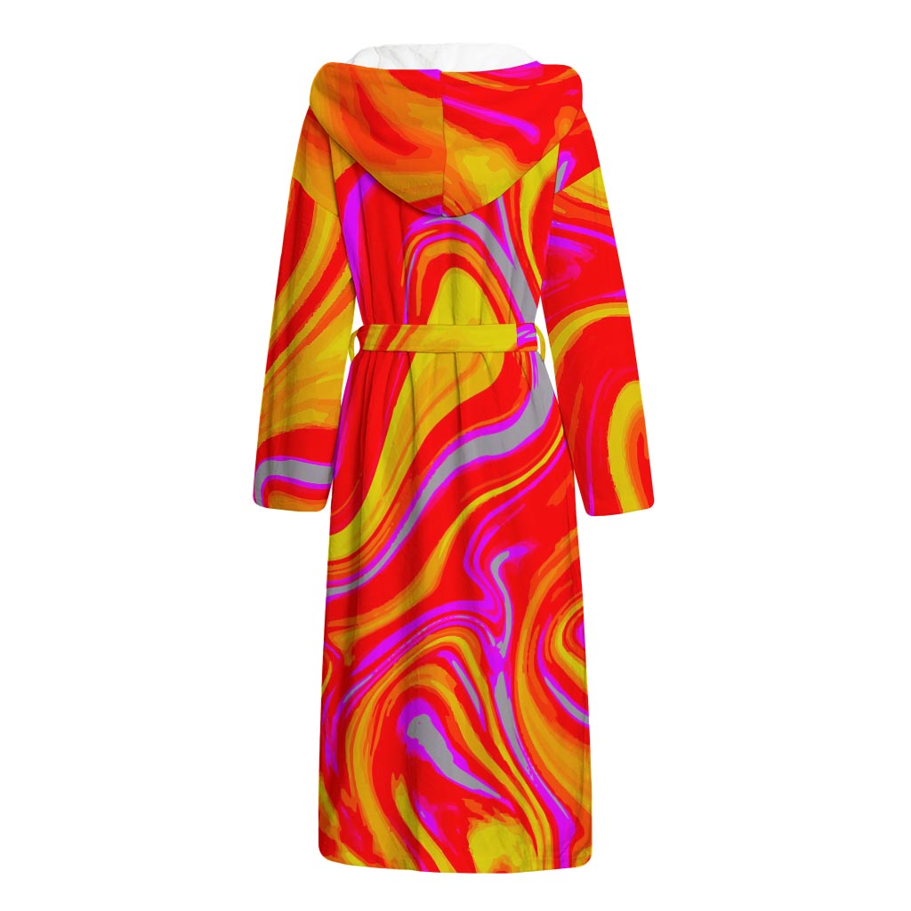 Orange Psychedelic Liquid Trippy Print Hooded Bathrobe