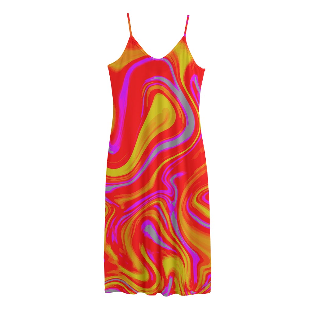 Orange Psychedelic Liquid Trippy Print Jersey Midi Cami Dress