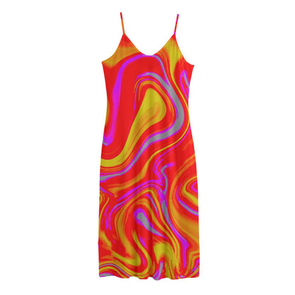 Orange Psychedelic Liquid Trippy Print Jersey Midi Cami Dress