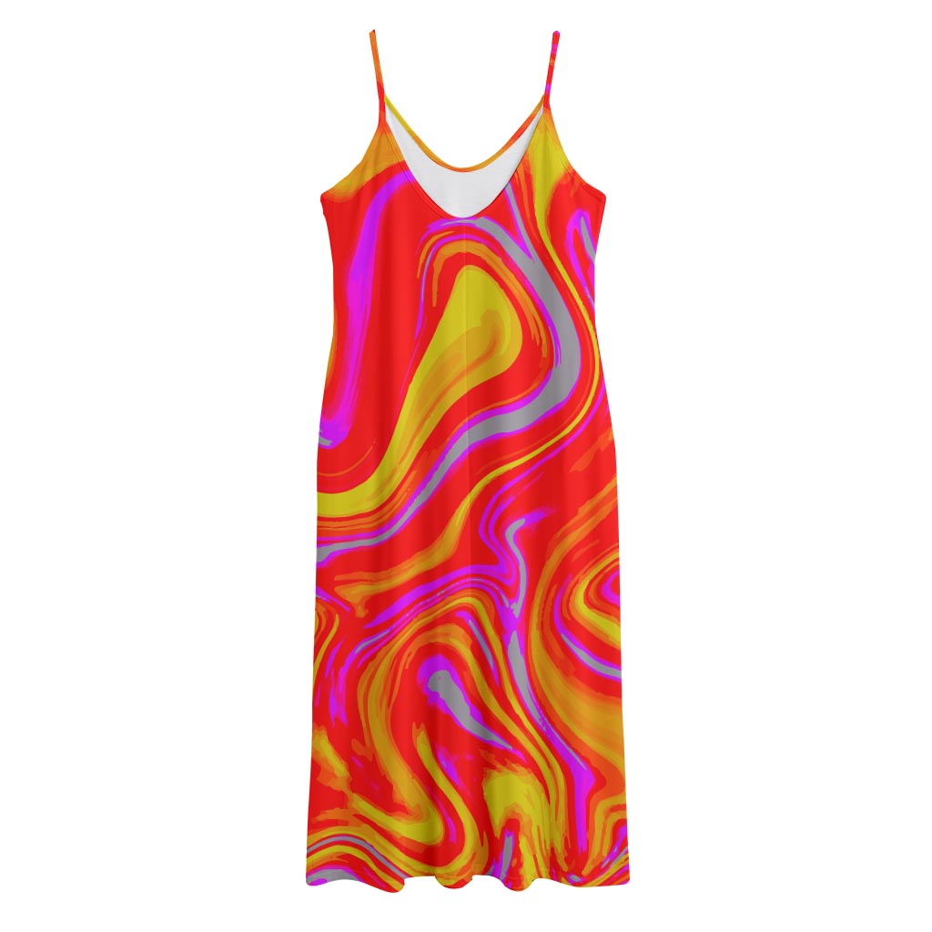 Orange Psychedelic Liquid Trippy Print Jersey Midi Cami Dress