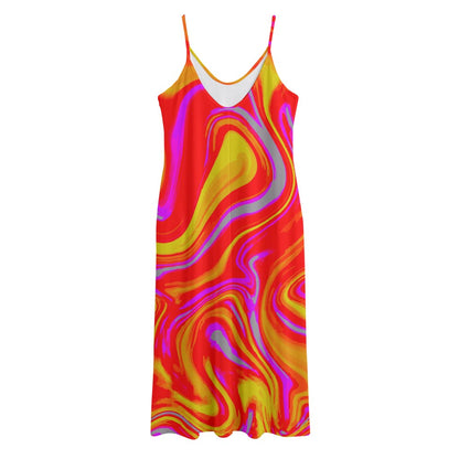 Orange Psychedelic Liquid Trippy Print Jersey Midi Cami Dress