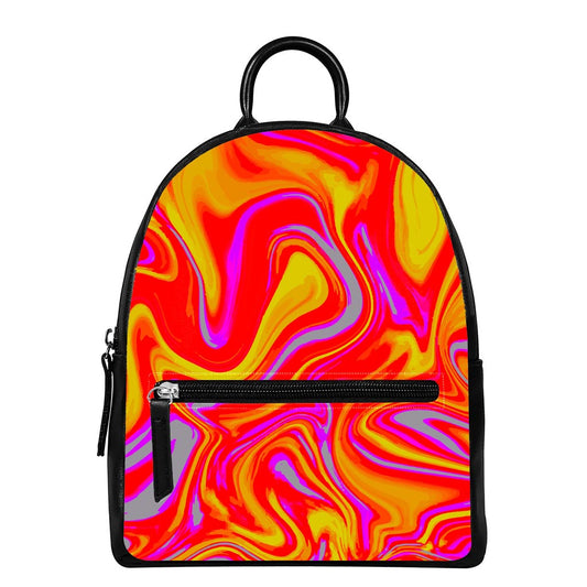 Orange Psychedelic Liquid Trippy Print Leather Backpack
