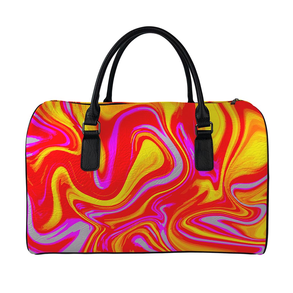 Orange Psychedelic Liquid Trippy Print Leather Duffle Bag