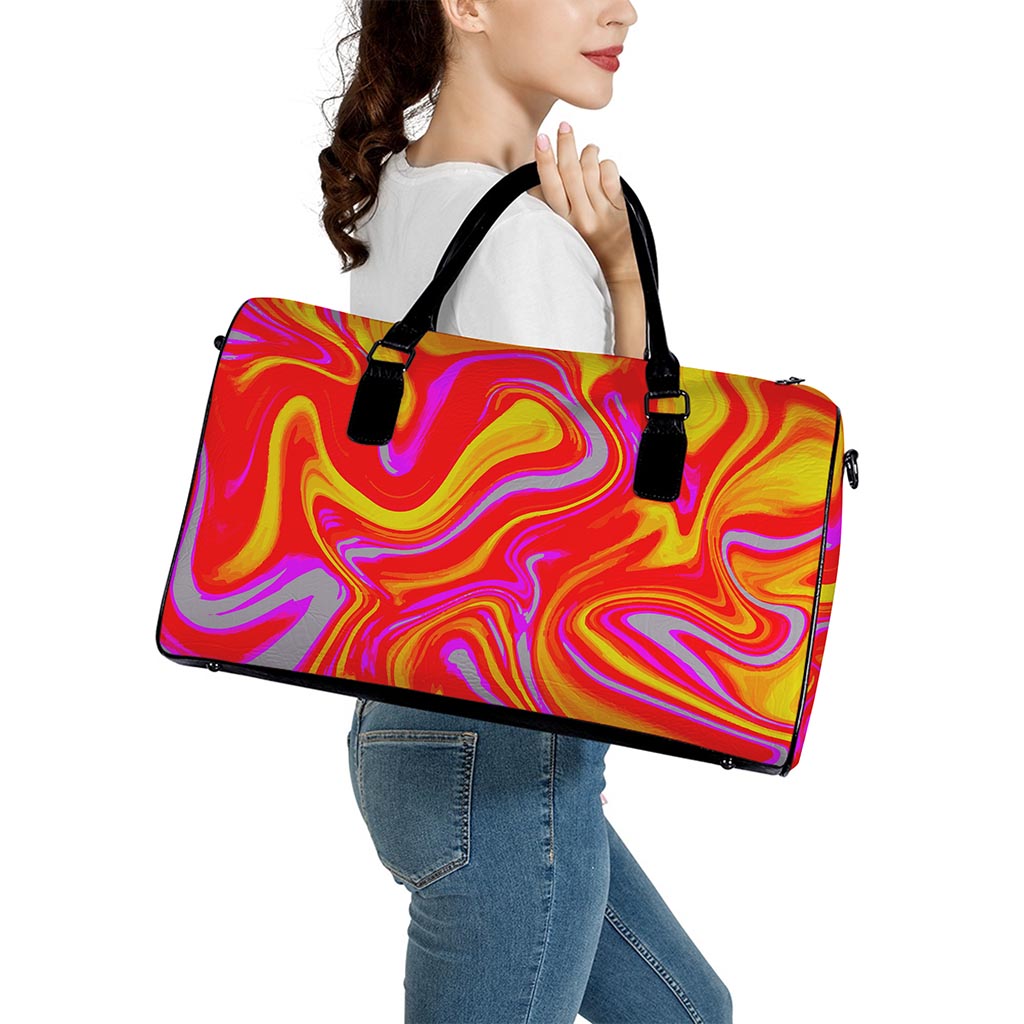 Orange Psychedelic Liquid Trippy Print Leather Duffle Bag