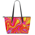 Orange Psychedelic Liquid Trippy Print Leather Tote Bag With Zipper