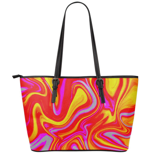 Orange Psychedelic Liquid Trippy Print Leather Tote Bag