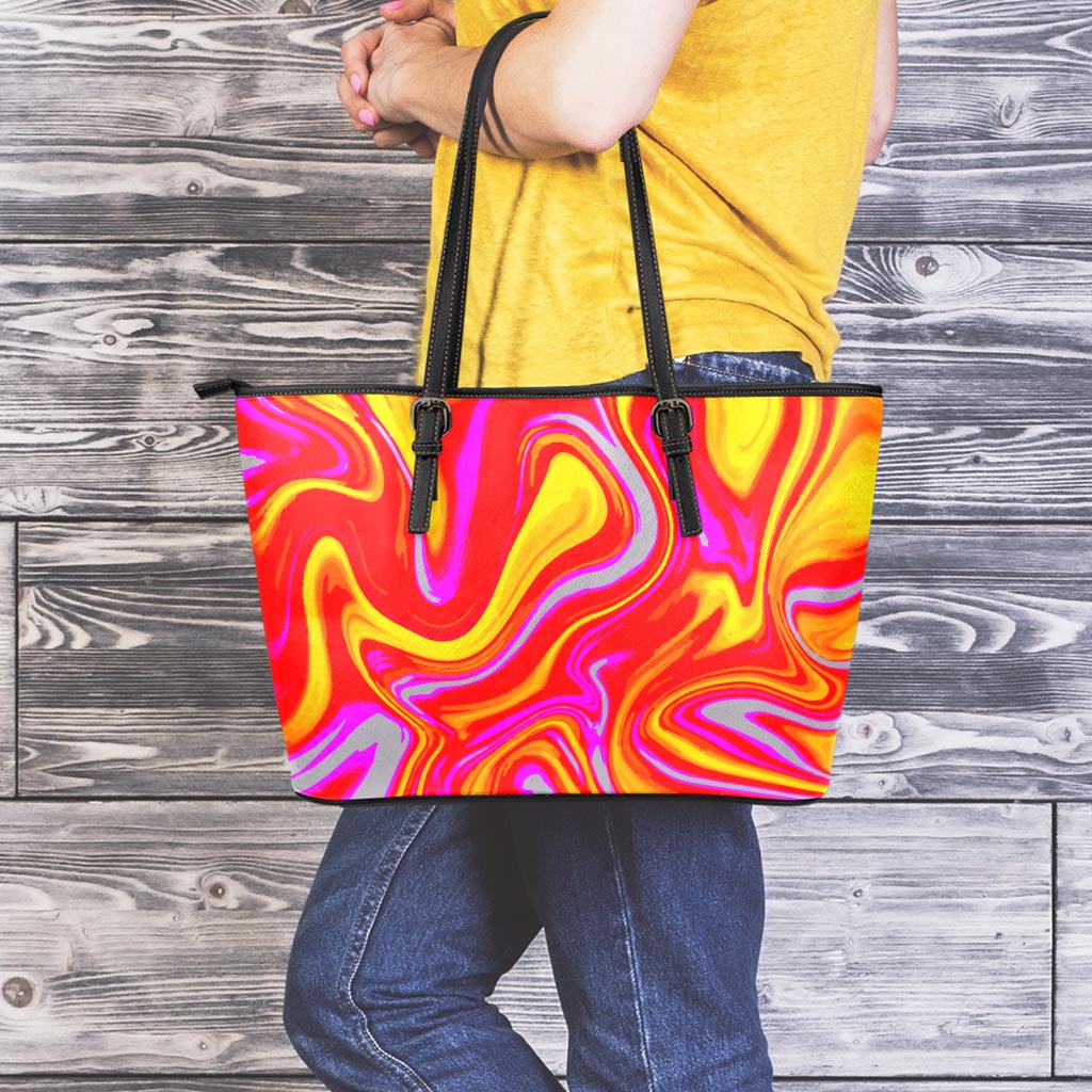 Orange Psychedelic Liquid Trippy Print Leather Tote Bag