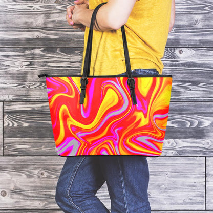 Orange Psychedelic Liquid Trippy Print Leather Tote Bag