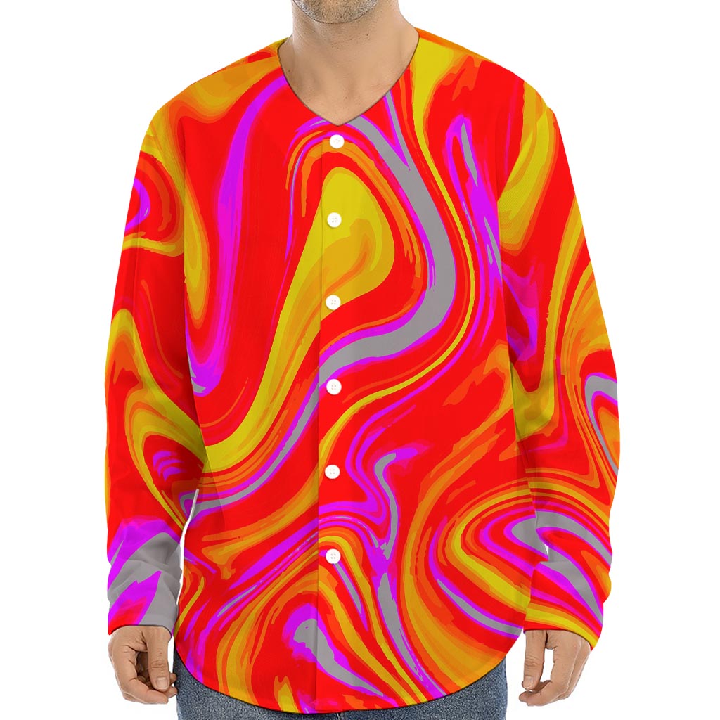 Orange Psychedelic Liquid Trippy Print Long Sleeve Baseball Jersey
