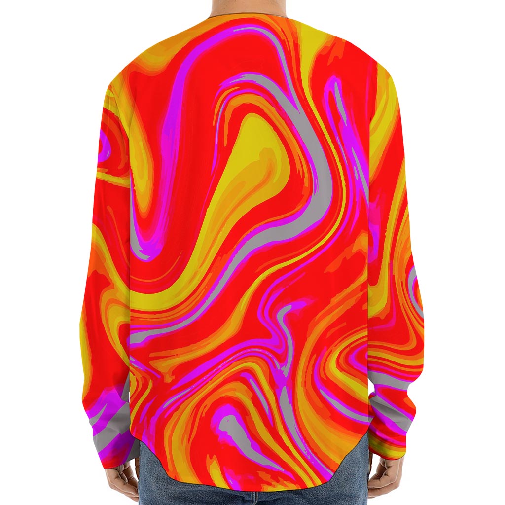 Orange Psychedelic Liquid Trippy Print Long Sleeve Baseball Jersey