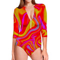 Orange Psychedelic Liquid Trippy Print Long Sleeve Swimsuit
