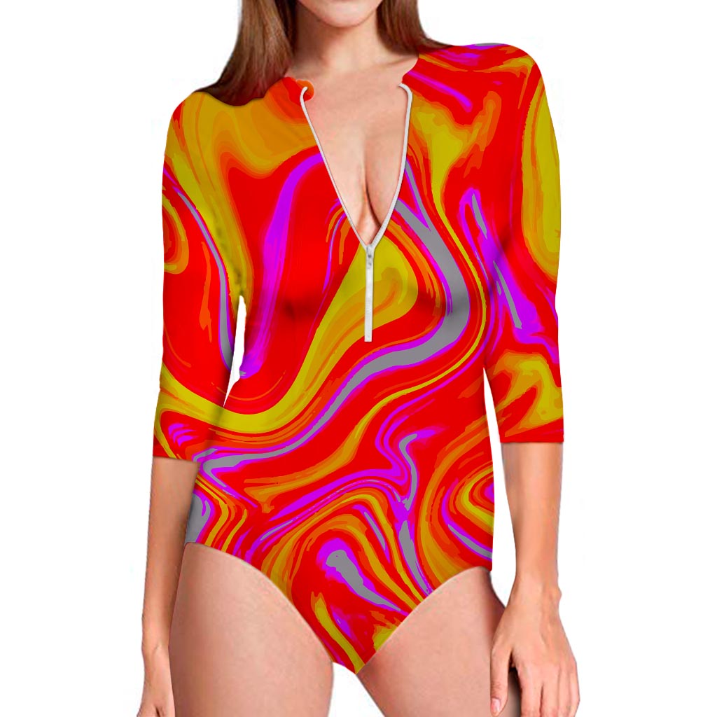 Orange Psychedelic Liquid Trippy Print Long Sleeve Swimsuit