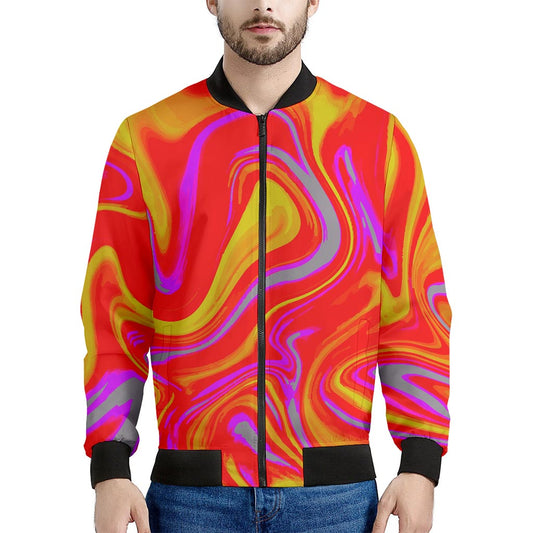 Orange Psychedelic Liquid Trippy Print Men's Bomber Jacket