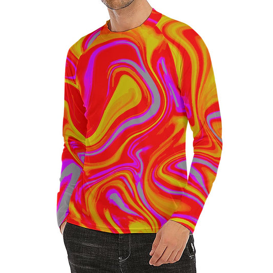 Orange Psychedelic Liquid Trippy Print Men's Long Sleeve Rash Guard