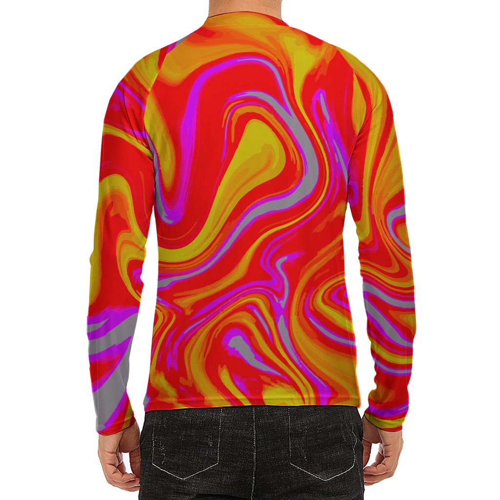 Orange Psychedelic Liquid Trippy Print Men's Long Sleeve Rash Guard