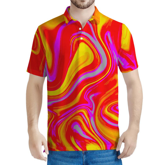 Orange Psychedelic Liquid Trippy Print Men's Polo Shirt