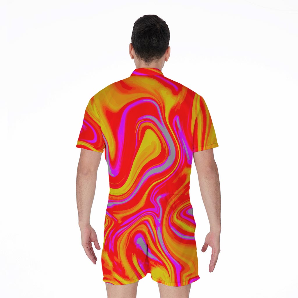 Orange Psychedelic Liquid Trippy Print Men's Rompers