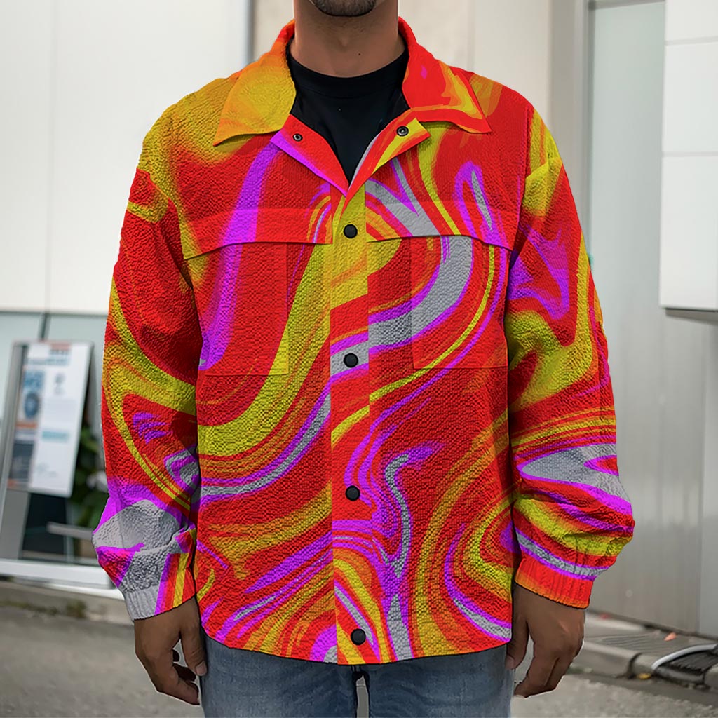 Orange Psychedelic Liquid Trippy Print Men's Shirt Jacket