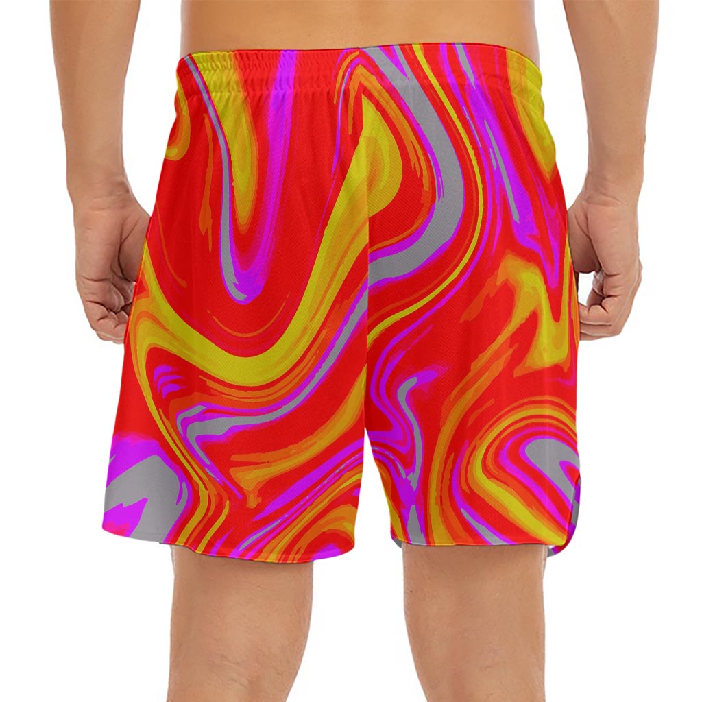 Orange Psychedelic Liquid Trippy Print Men's Split Running Shorts