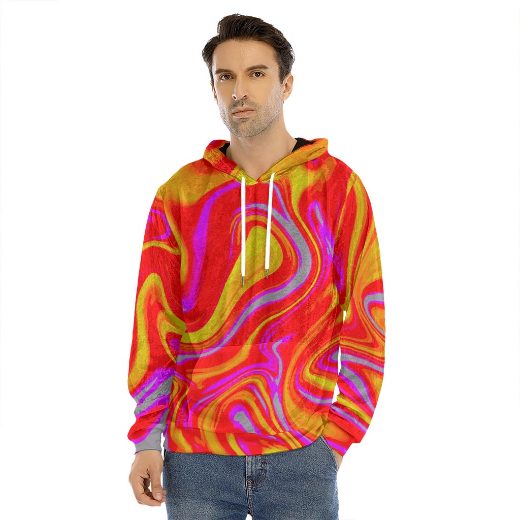 Orange Psychedelic Liquid Trippy Print Men's Velvet Pullover Hoodie
