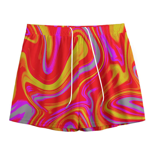 Orange Psychedelic Liquid Trippy Print Mesh Shorts