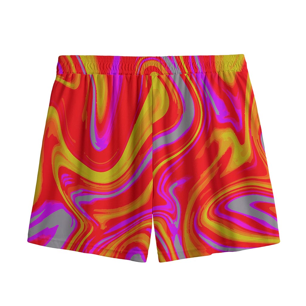 Orange Psychedelic Liquid Trippy Print Mesh Shorts