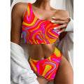 Orange Psychedelic Liquid Trippy Print One Shoulder Bikini Set