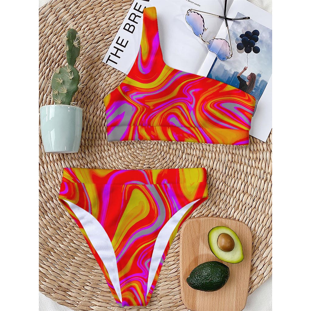 Orange Psychedelic Liquid Trippy Print One Shoulder Bikini Top