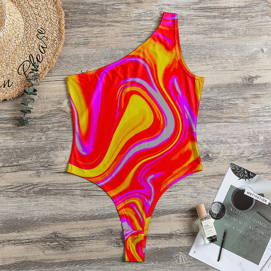 Orange Psychedelic Liquid Trippy Print One Shoulder Bodysuit