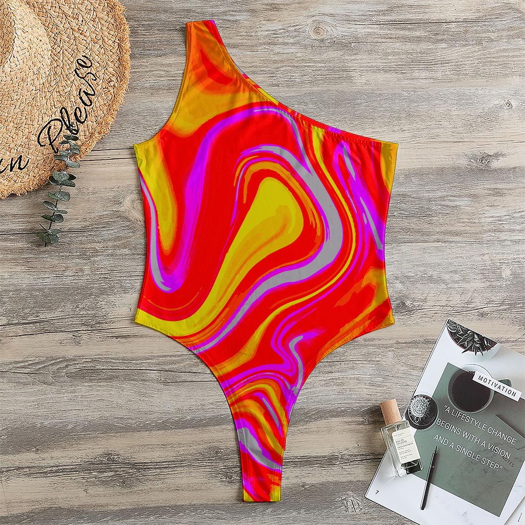 Orange Psychedelic Liquid Trippy Print One Shoulder Bodysuit